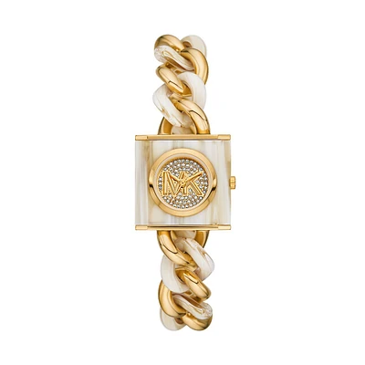Women's Mk Chain Lock Three-hand, White And Gold-tone Stainless Steel Watch