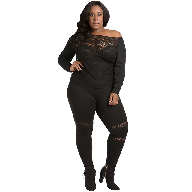 Plus Curvy Women's Lace Insets Pull On Ponte Legging