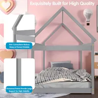 Twin House Bed Wood Frame W/ Roof For Kids Toddler No Box Spring
