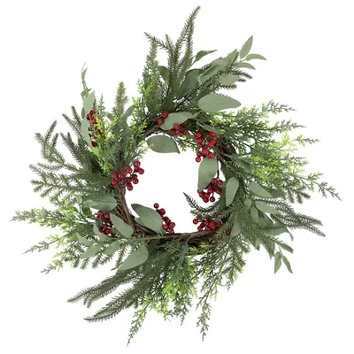 Mixed Foliage And Red Berries Artificial Christmas Wreath, 24-inch, Unlit