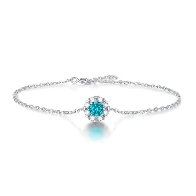 Sterling Silver with 0.50ctw Lab Created Moissanite & Blue Topaz Round Halo Adjustable Station Charm Bracelet
