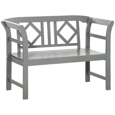 Wooden Bench W/ Pattern Backrest, Loveseat Chair, Gray
