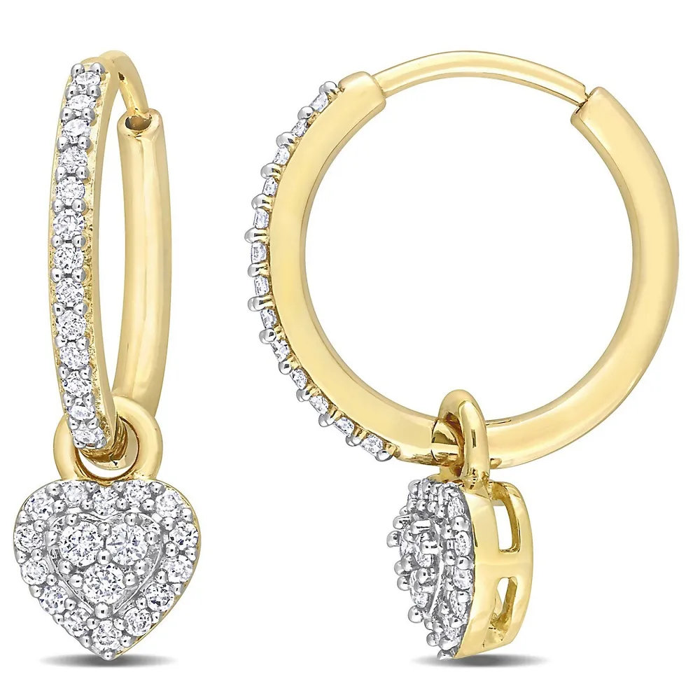 3/8 Ct Tw Diamond Halo Heart Huggie Earrings In 10k Yellow Gold