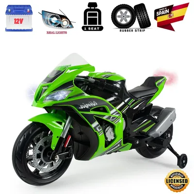 Officially Licensed & Certified INJUSA Kawasaki Ninja ZX-10R Edition 12V Kids' Ride-on Motorcycle w/ Rubber Wheels, Optional Stabilizing Wheels, Progressive Acceleration, MP3