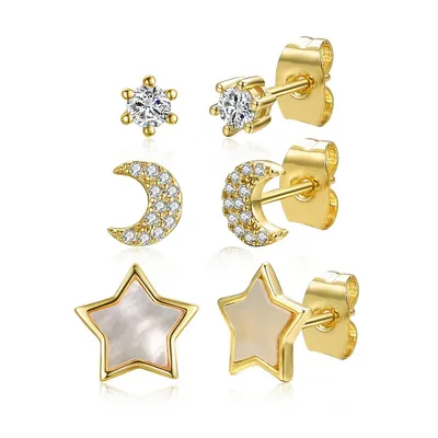 14k Yellow Gold Plated With Mother Of Pearl & Clear Cubic Zirconia Solitaire Star & Crescent Moon Astrological Zodiac Galaxy 3-piece Stud Earrings Set