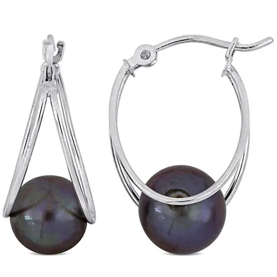 Black Cultured Freshwater Pearl Drop Earrings In 10k White Gold