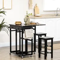 Drop Leaf Bamboo Breakfast Cart With Two Kitchen Stools