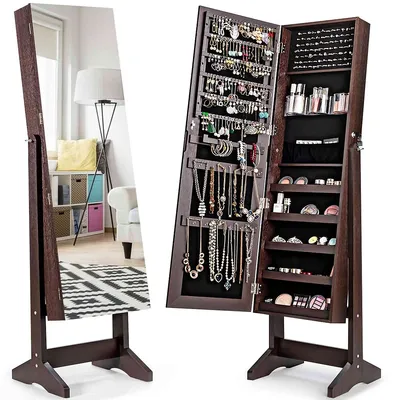 Jewelry Cabinet Stand Armoire Box Lockable Organizer W/ Full Screen Mirror