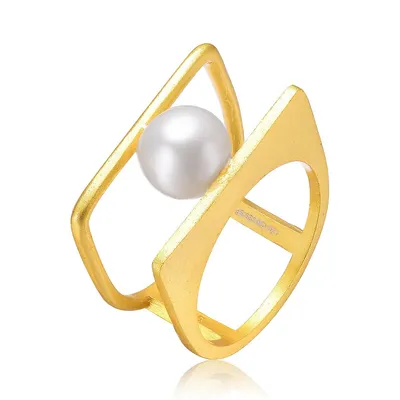 Sterling Silver 14k Yellow Gold Plating With White Genuine Freshwater Pearl Double Band Geometric Square Stacked Ring
