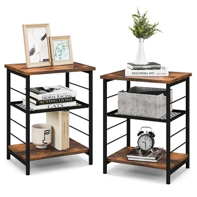 2 Pcs 3-tier Side End Table With Adjustable Mesh Shelf Narrow Nightstand