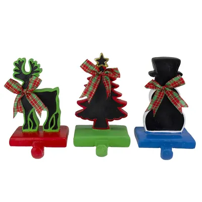 Set Of 3 Reindeer, Tree, And Snowman With Chalkboard Christmas Stocking Holders 7"
