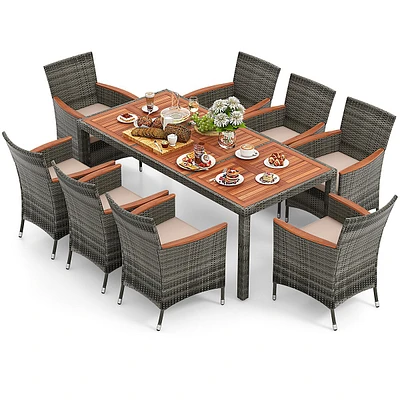 9pcs Patio Rattan Dining Set Acacia Wood Table Cushioned Chair Mix Gray
