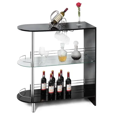 Bar Table Wine Storage Unit W/tempered Glass Shelf & Glass Holders Glossy Black