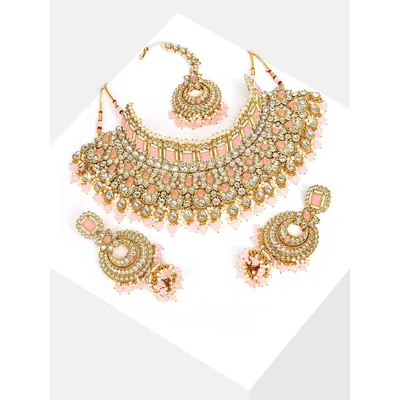 Gold Plated Designer Stone Beaded Necklace, Earrings And Maang Tikka Set