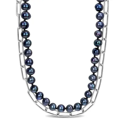 Black Freshwater Cultured Pearl Double Layered Chain Necklace In Sterling Silver, 18 In