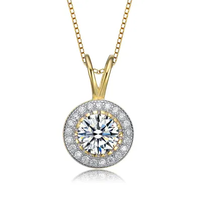 Sterling Silver With Clear Cubic Zirconia Round Pendant Necklace
