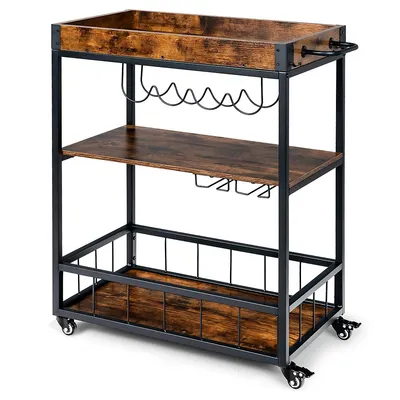 3-tier Rolling Kitchen Bar Cart Serving Trolley Wine Rack Removable Tray