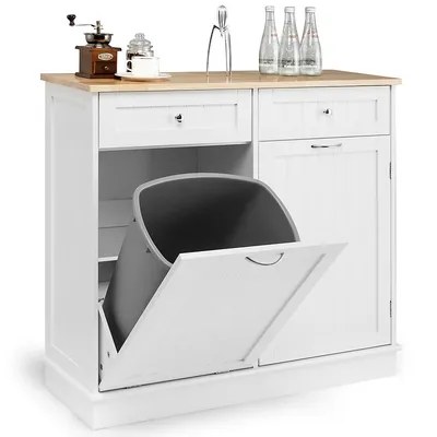 Wooden Kitchen Trash Cabinet Tilt Out Bin Holder W/ Drawer & Storage Shelf White