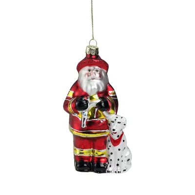 5" Red And White Fireman Santa Claus With Dalmatian Glass Christmas Ornament