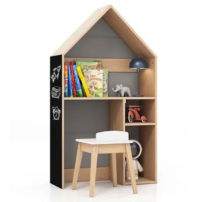 Kids House-shaped Table & Chair Set Wooden Toy Organizer Cabinet With Blackboard