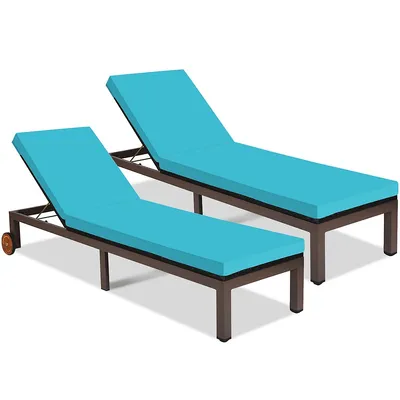 2pc Patio Rattan Lounge Chair Chaise Recliner Back Adjustable W/wheels Cushioned Turquoisewhite