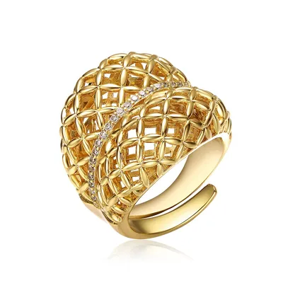 Rg 14k Yellow Gold Plated Concave Filigree Wire Dome-shaped Artistic Adjustable Ring
