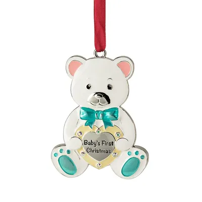 3" Pastel Silver Plated Bear Baby's First Christmas Ornament With European Crystals