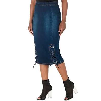 Curvy Women's High Waist Lace-up Double Split Denim Pencil Skirt