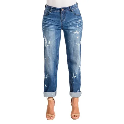 Women's Curvy Fit Blue Bleach Spots Rolled Cuff Boyfriend Jeans