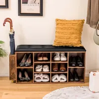 Wooden Shoe Bench 10-cube Storage Organizer With Padded Cushion & Umbrella Holder