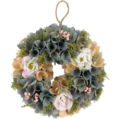 10" Tan And Blue Wooden Floral Spring Wreath