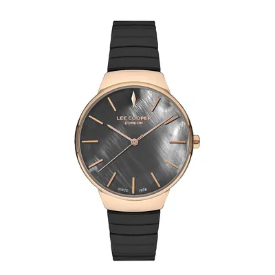 Ladies Lc07342.430 3 Hand Rose Gold Watch With A Black Metal Band And A Black Dial