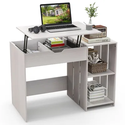 Lift Top Computer Desk Standing With Hidden Compartments & Storage Shelves