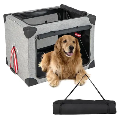 37 In Portable Folding Dog Crate W/ Mesh Mat & Locking Zippers For Cat Carrier Use
