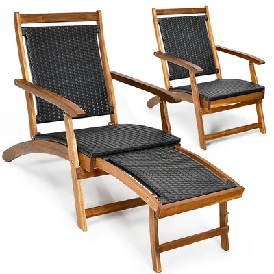 2pcs Patio Folding Rattan Lounge Chair Wood Frame Retractable Footrest
