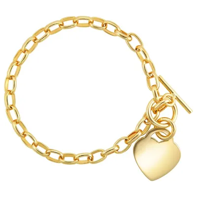 18kt Gold Plated 7.5" Polished Heart On Rolo With Toggle Clasp Bracelet
