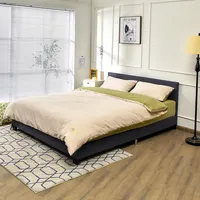 Full Upholstered Platform Bed Frame With Linen Headboard Wood Slat Grayblack