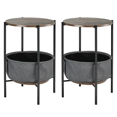 Set Of 2 Industrial Round End Side Table Sofa Coffee Table W/ Storage Basket