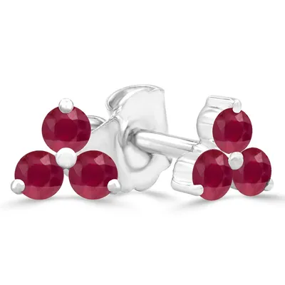 0.25 Ct Round Red Ruby Three Stone Earrings 14k White Gold