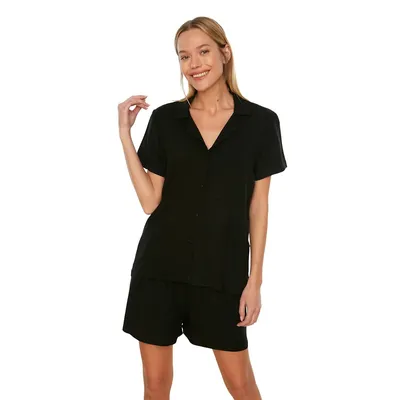 Women Plain Pocket Detailed Medium Woven Shirt-short Pajama Set