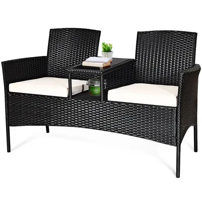 Patio Rattan Conversation Set Seat Sofa Cushioned Loveseat Glass Table Chairs