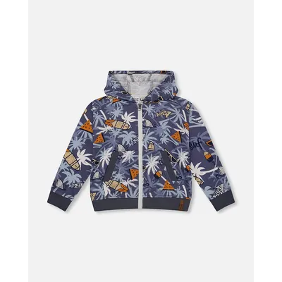 French Terry Hooded Cardigan Printed Palm Tree And Surf