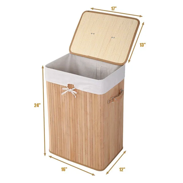 Costway Corner Bamboo Hamper Laundry Basket Washing Cloth Bin Storage Bag  Lid Natural