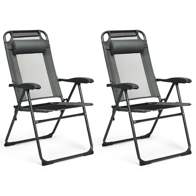 2pc Folding Chairs Adjustable Reclining Chairs With Headrest Patio Garden Grey