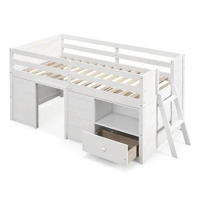 Twin Size Low Loft Bed With Storage Drawer Activity Center Solid Wood Bed Frame