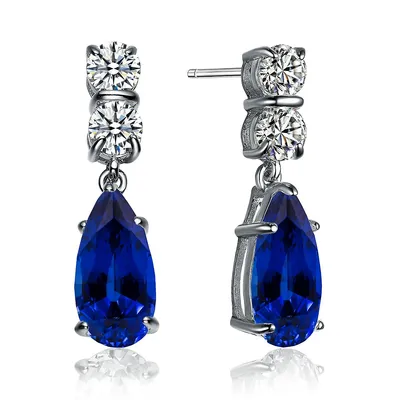 Sterling Silver White Gold Plated With Colored Cubic Zirconia Teardrop Earrings