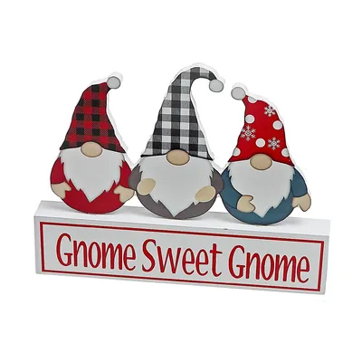 Triple Gnome On Wood Block (gnome Sweet Gnome)