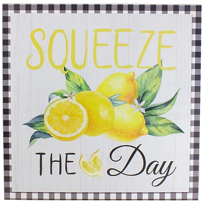 White And Black Gingham "squeeze The Day" Decorative Lemon Wall Art 13.75"