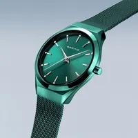 Ladies Ultra Slim Stainless Steel Watch In Dark Green/dark Green