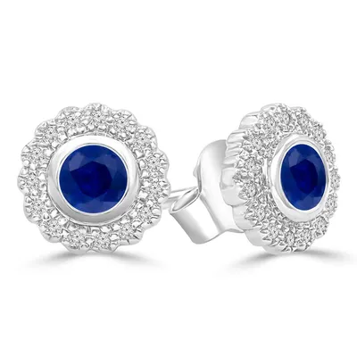 0.75 Ct Round Blue Sapphire Bezel Set Earrings 14k White Gold